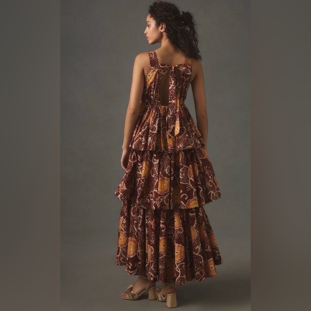 Anthropologie Atsu V-Neck Brown and Gold Ruffled Maxi Dress - Picture 2 of 10